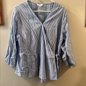 Blue and White Puff Sleeve Wrap Blouse